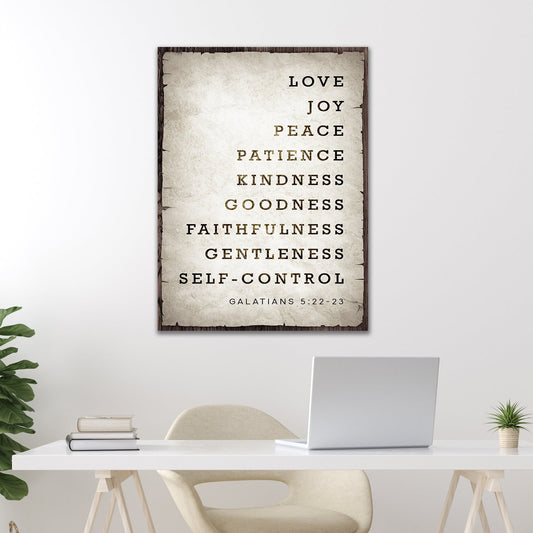 Canvas sign by Tailored Canvases on wood frame with parchment panel listing Fruit of Spirit on Tampa Home & Garden Store