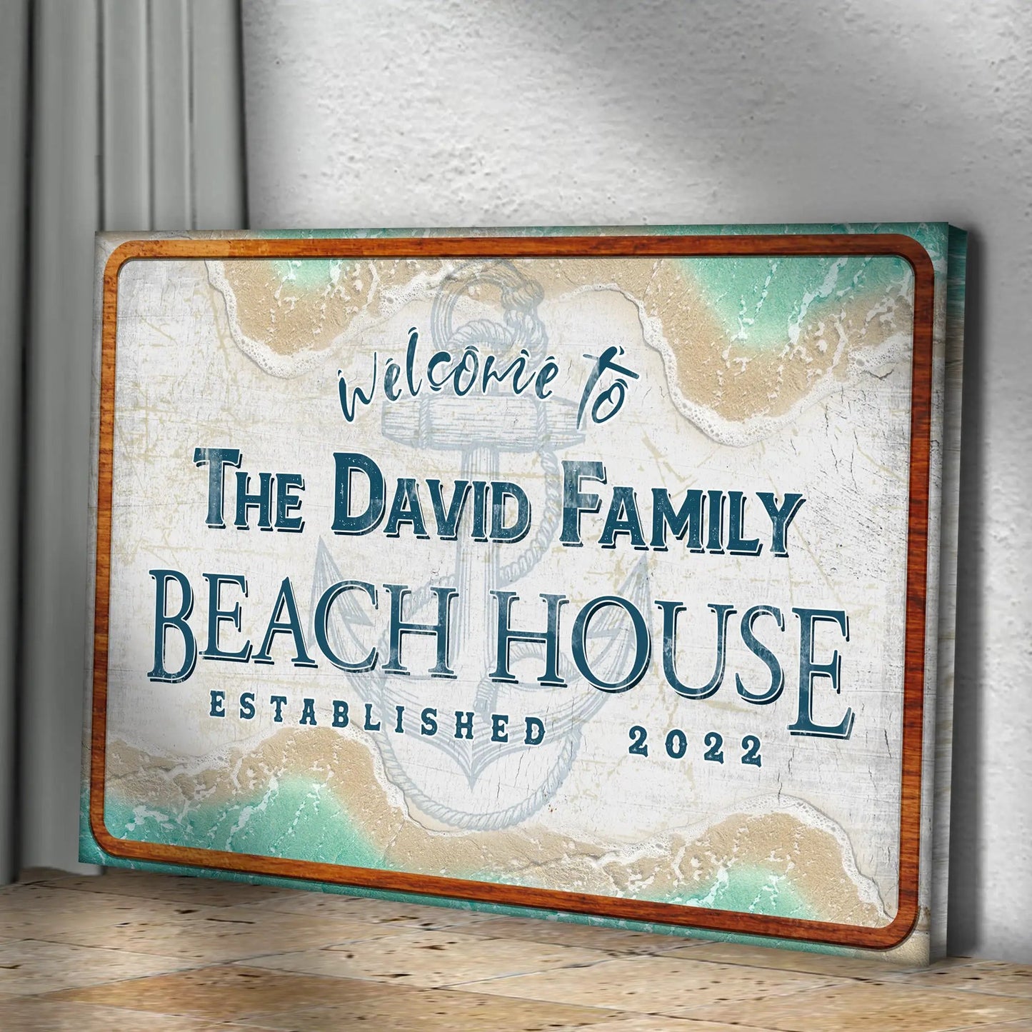 Canvas sign Welcome To The David Family Beach House with teal map background on Tampa Home & Garden Store