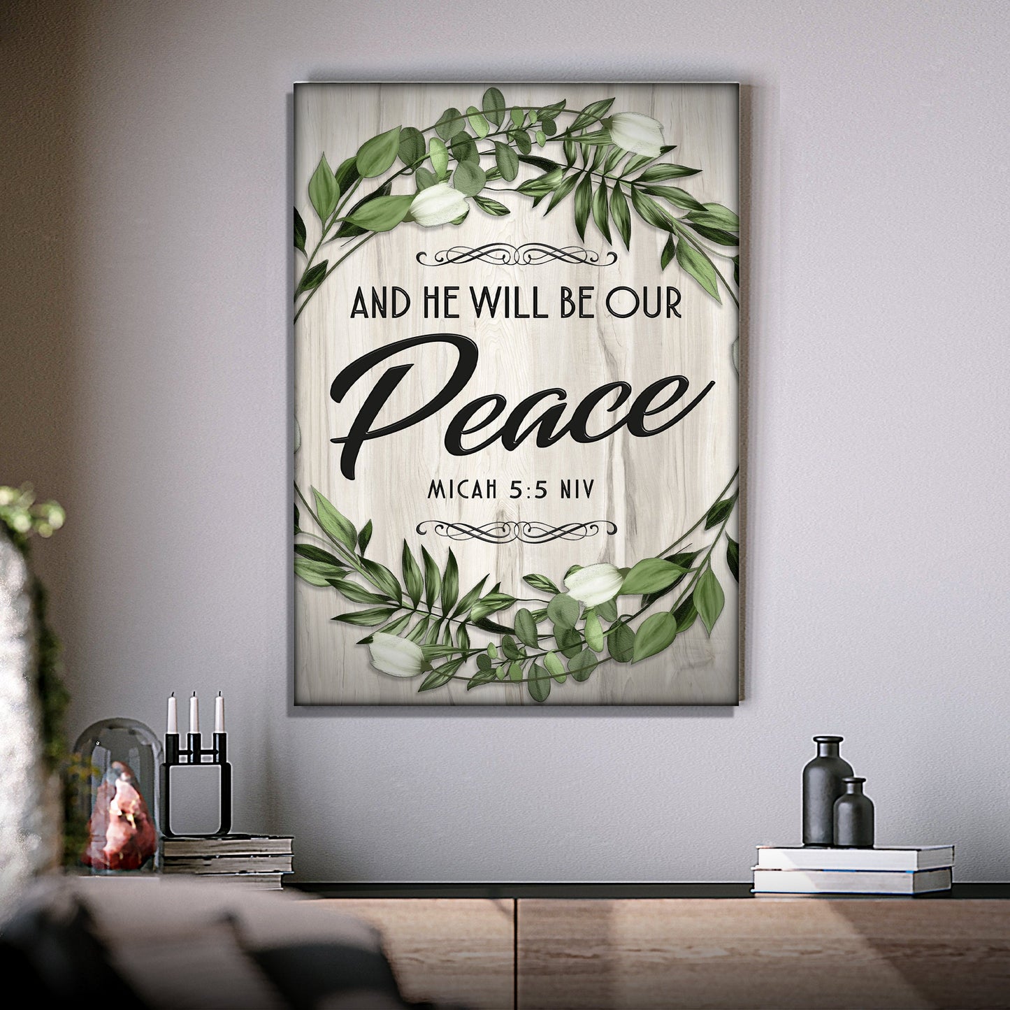 Canvas scripture sign Tailored Canvases And He Will Be Our Peace Micah 5:5 NIV with green border on Tampa Home & Garden Store