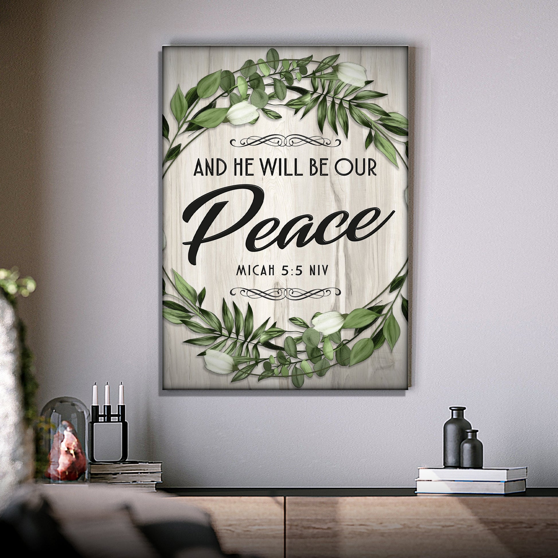 Canvas scripture sign Tailored Canvases And He Will Be Our Peace Micah 5:5 NIV with green border on Tampa Home & Garden Store