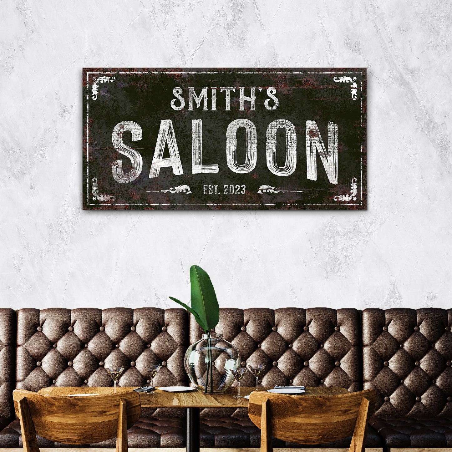 Family Saloon Vintage Sign canvas by Tailored Canvases with black and white lettering on Tampa Home & Garden Store