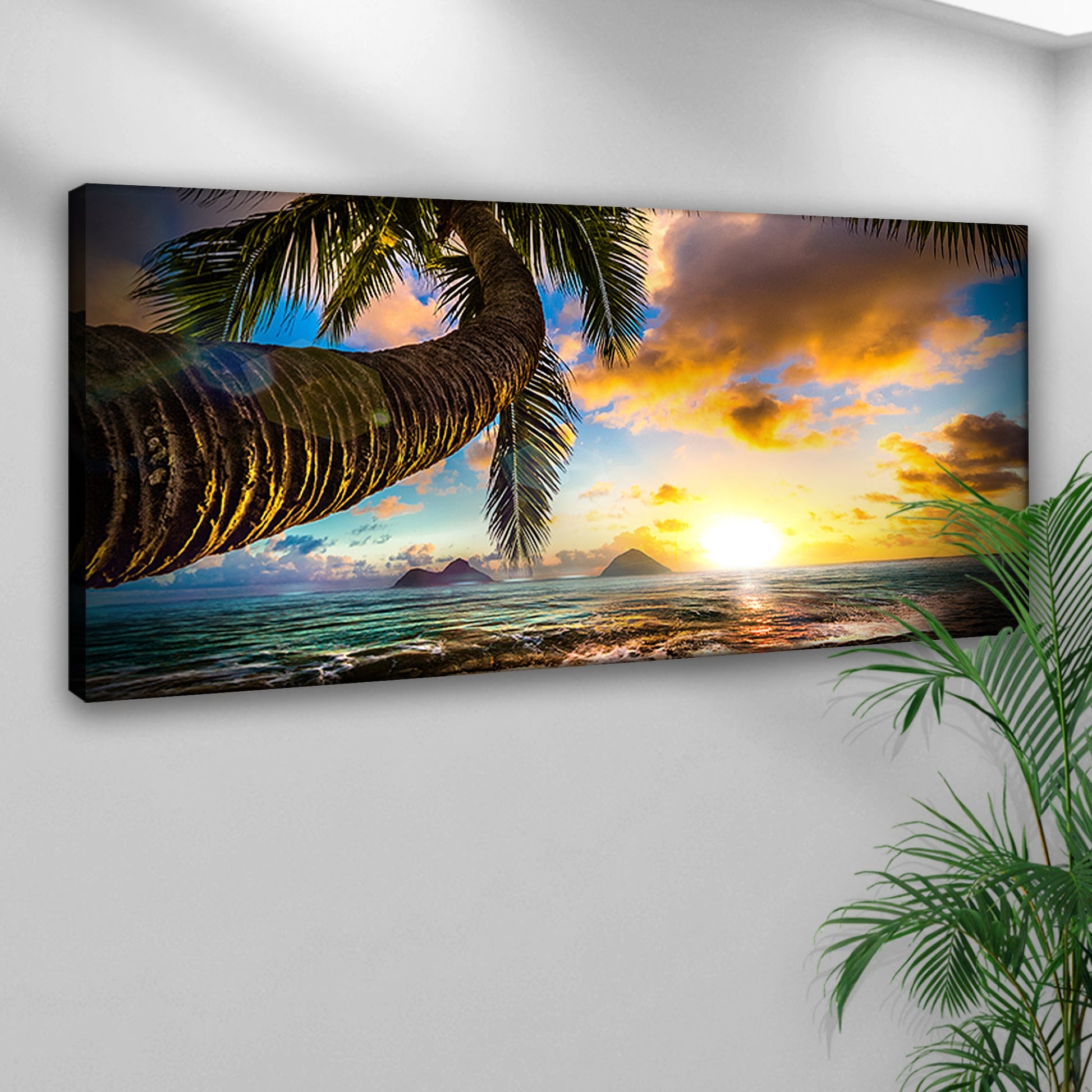 Tropical Blue Beach Hawaii Sunset canvas by Tailored Canvases, palm tree sunset over blue ocean on Tampa Home & Garden Store