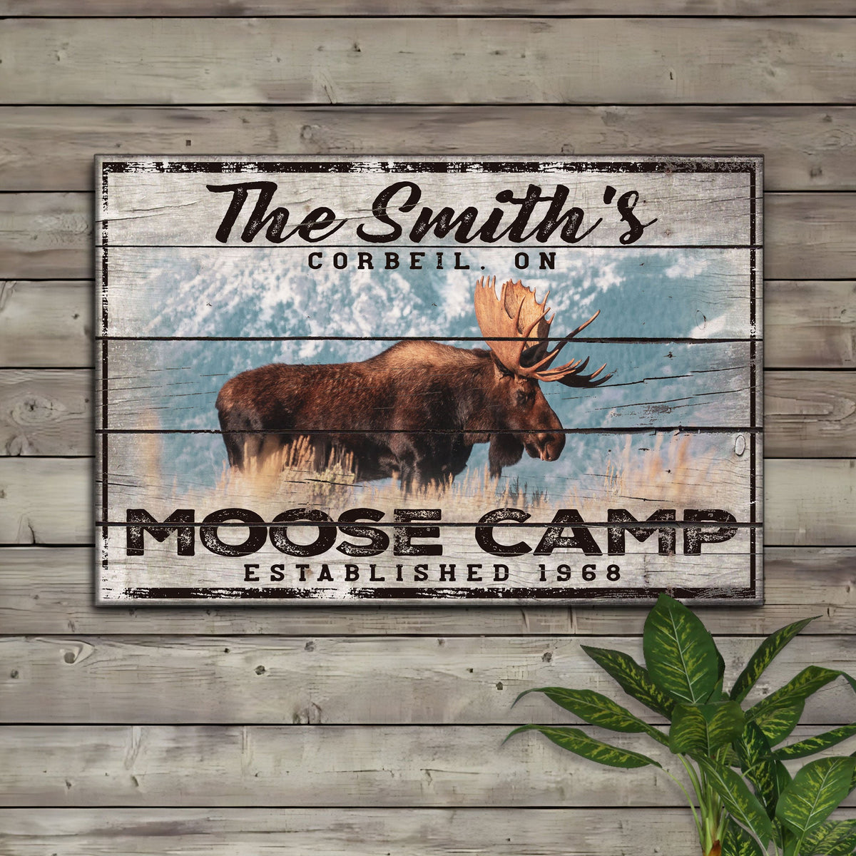Moose Camp sign canvas with weathered wood texture by Tailored Canvases on Tampa Home & Garden Store