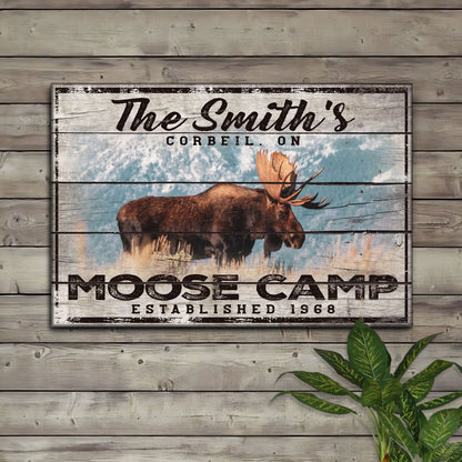 Moose Camp sign canvas with weathered wood texture by Tailored Canvases on Tampa Home & Garden Store