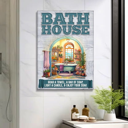 Enjoy Your Soak Bath House Sign Canvas by Tailored Canvases with teal lettering on backdrop on Tampa Home & Garden Store