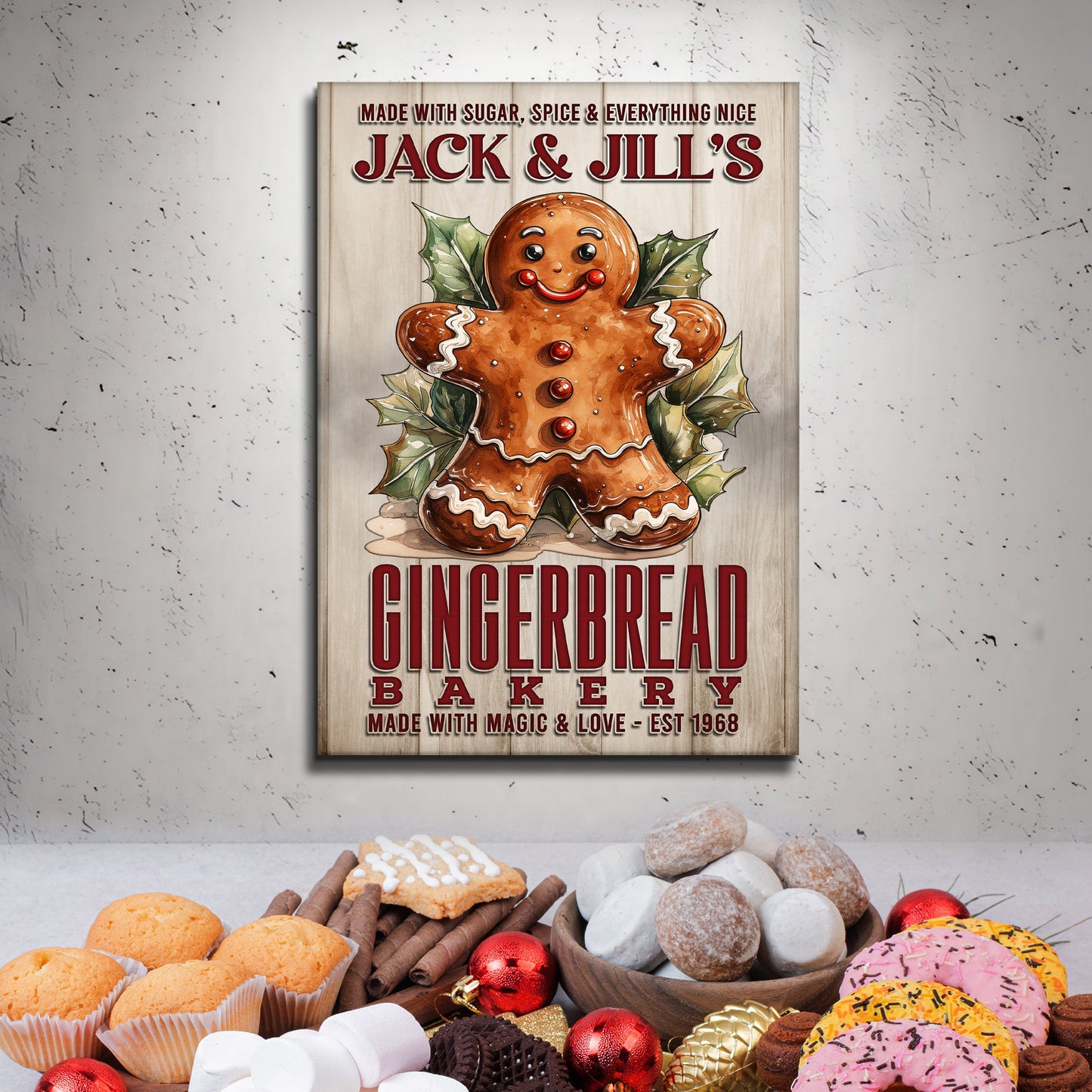 Bakery Sign canvas by Tailored Canvases featuring a gingerbread figure and red lettering on Tampa Home & Garden Store