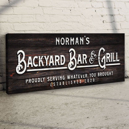 Backyard Bar & Grill canvas sign, rustic dark wood with white lettering Tailored Canvases on Tampa Home & Garden Store