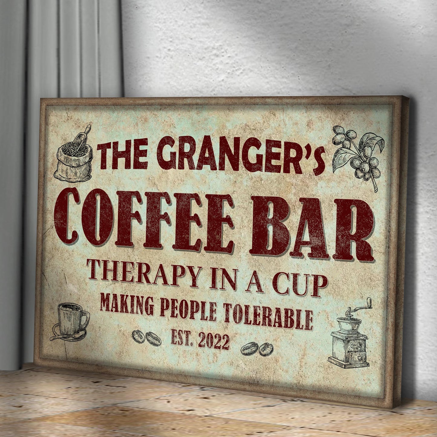 Canvas sign Coffee Bar Therapy In A Cup with vintage coffee lettering and red COFFEE BAR on Tampa Home & Garden Store