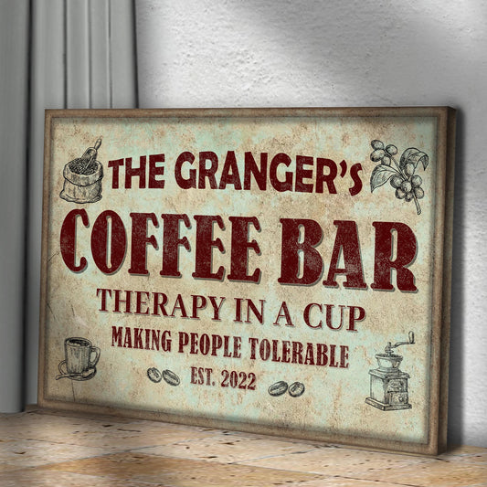 Canvas sign Coffee Bar Therapy In A Cup with vintage coffee lettering and red COFFEE BAR on Tampa Home & Garden Store