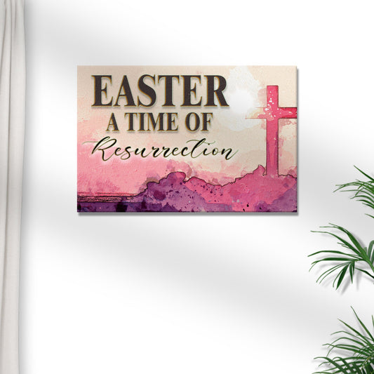 Canvas sign Easter A Time Of Resurrection with watercolor beige background and pink cross on Tampa Home & Garden Store