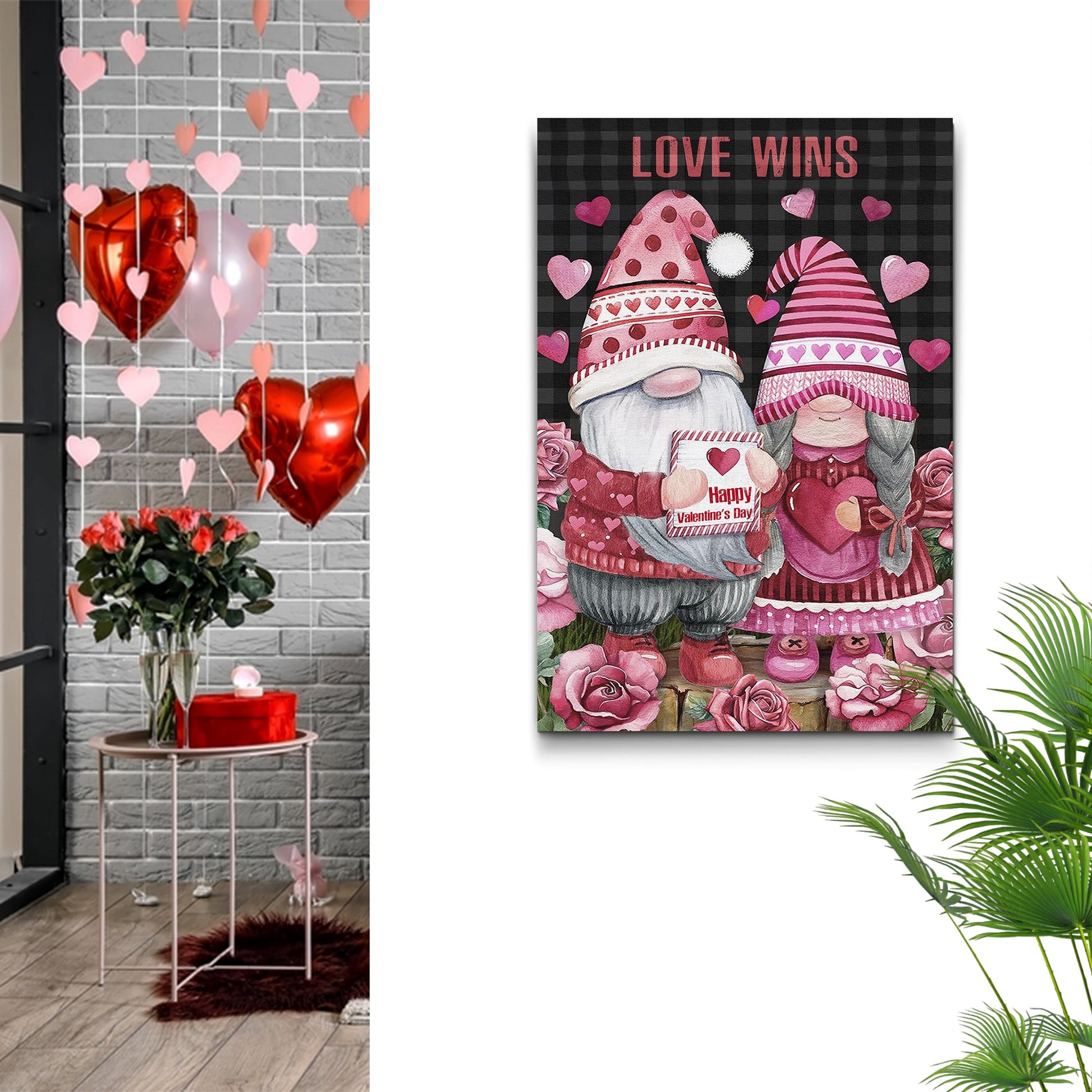 Valentine Gnomes Sign II canvas by Tailored Canvases with pink/red-hatted gnomes and hearts on Tampa Home & Garden Store