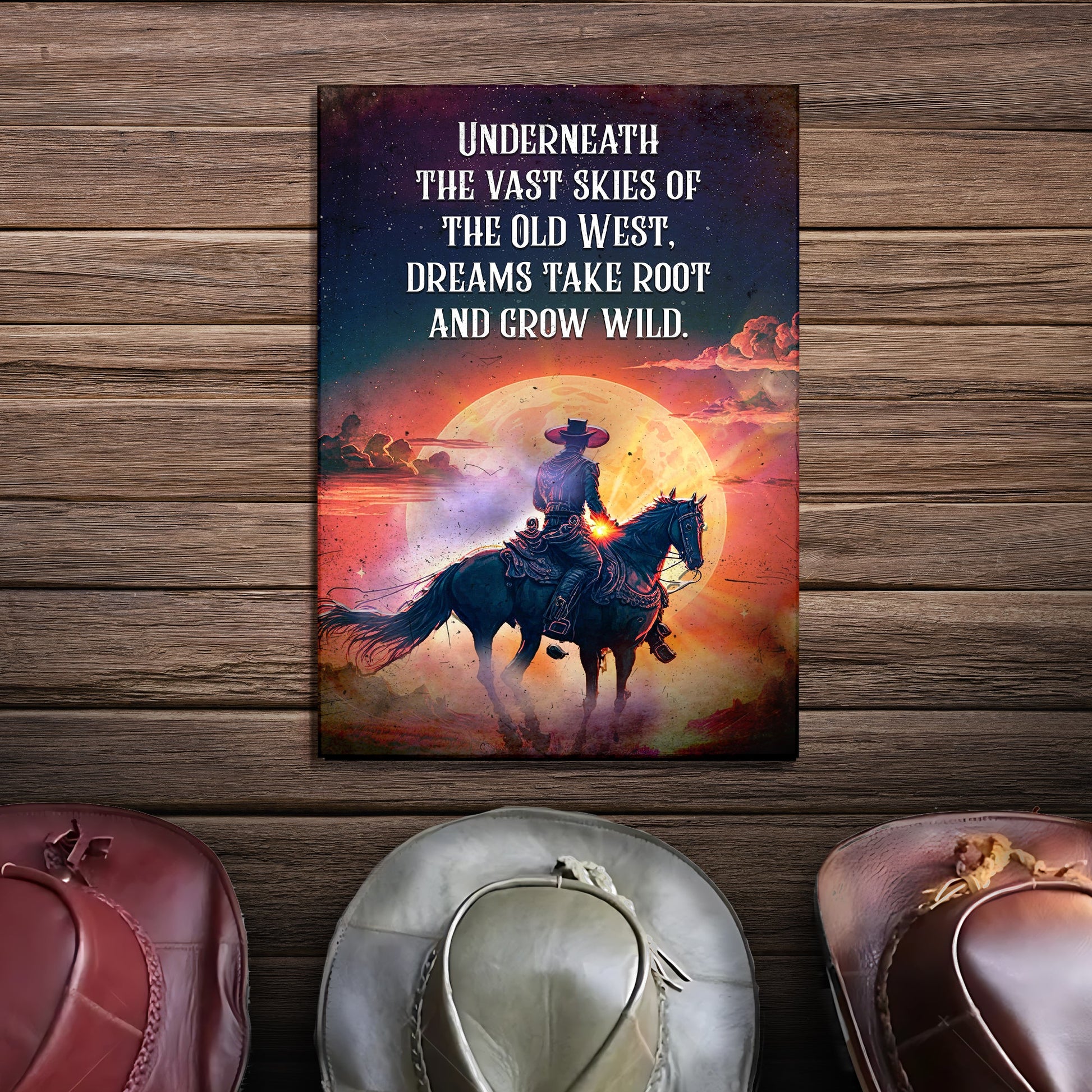 Canvas sign Tailored Canvases displaying Underneath The Vast Skies Of The Old West text on Tampa Home & Garden Store