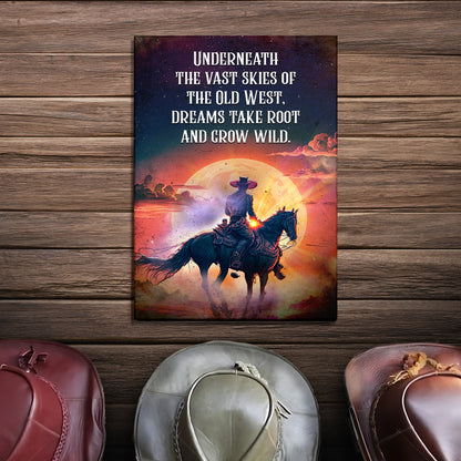 Canvas sign Tailored Canvases displaying Underneath The Vast Skies Of The Old West text on Tampa Home & Garden Store