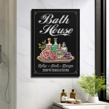 Bath House Sign canvas by Tailored Canvases with black background and white script on Tampa Home & Garden Store