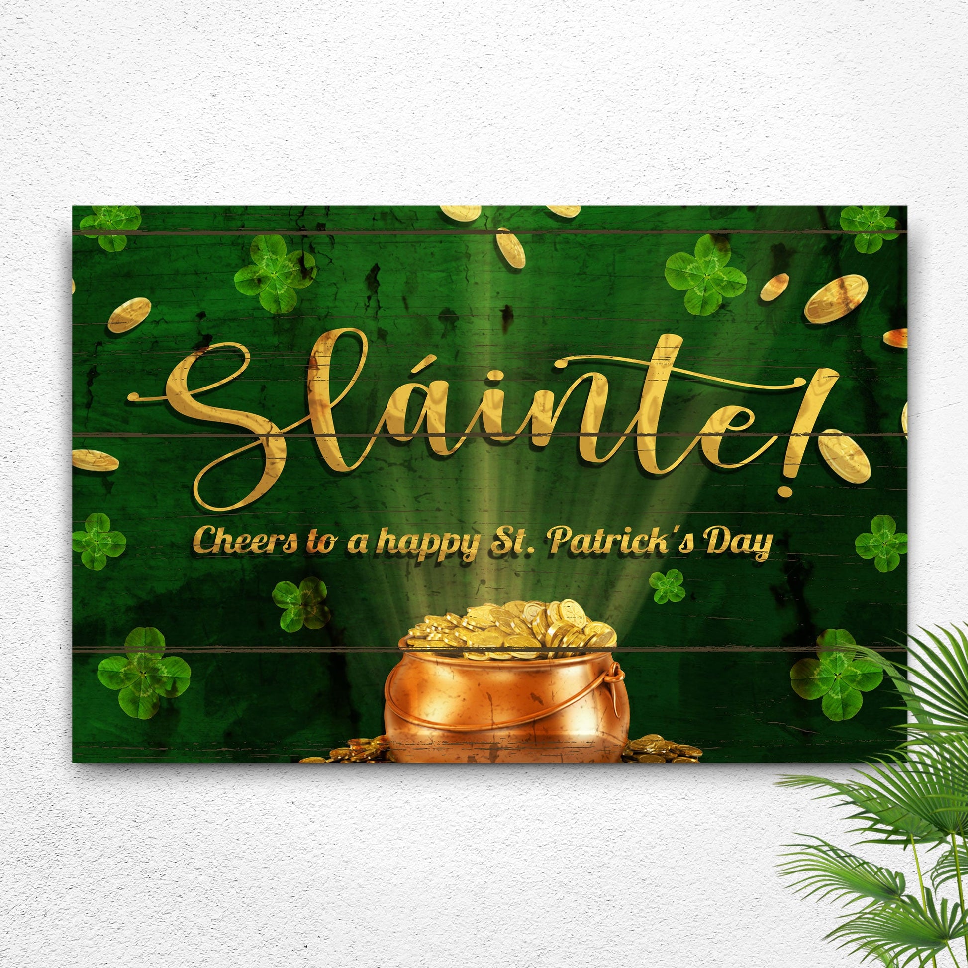 Canvas sign Sláinte with green panel, gold script, shamrocks and coins by Tailored Canvases on Tampa Home & Garden Store
