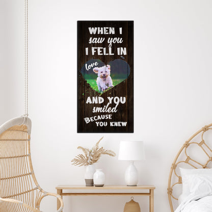 Pet Adoration Sign canvas by Tailored Canvases with woodgrain panel and a dog in a heart on Tampa Home & Garden Store