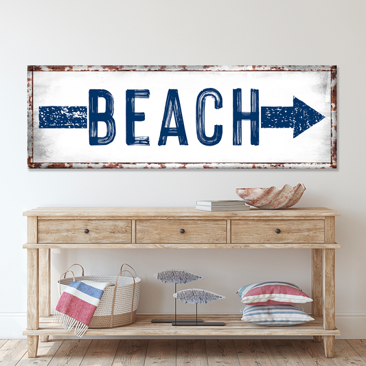 Beach Arrow Sign canvas crafting sign with rusted frame and bold blue BEACH Tailored Canvases on Tampa Home & Garden Store