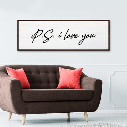 Valentine P.S. I Love You typography sign canvas with dark wood frame by Tailored Canvases on Tampa Home & Garden Store