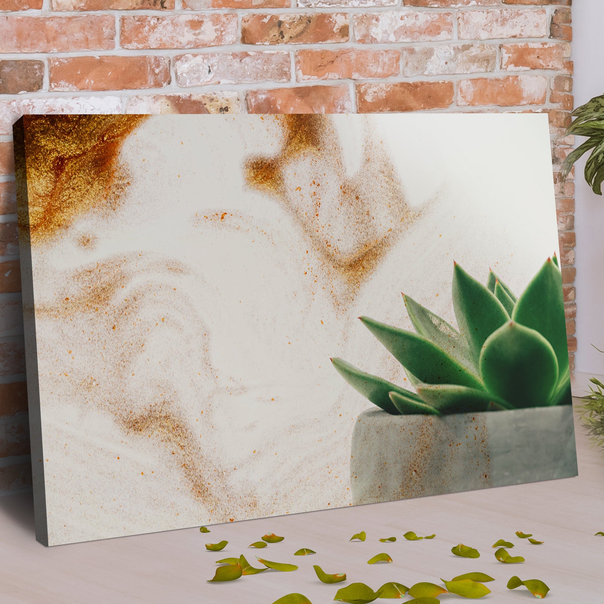 Stone Pot Succulent Plant Canvas Wall Art, green succulent on white canvas with gold specks on Tampa Home & Garden Store
