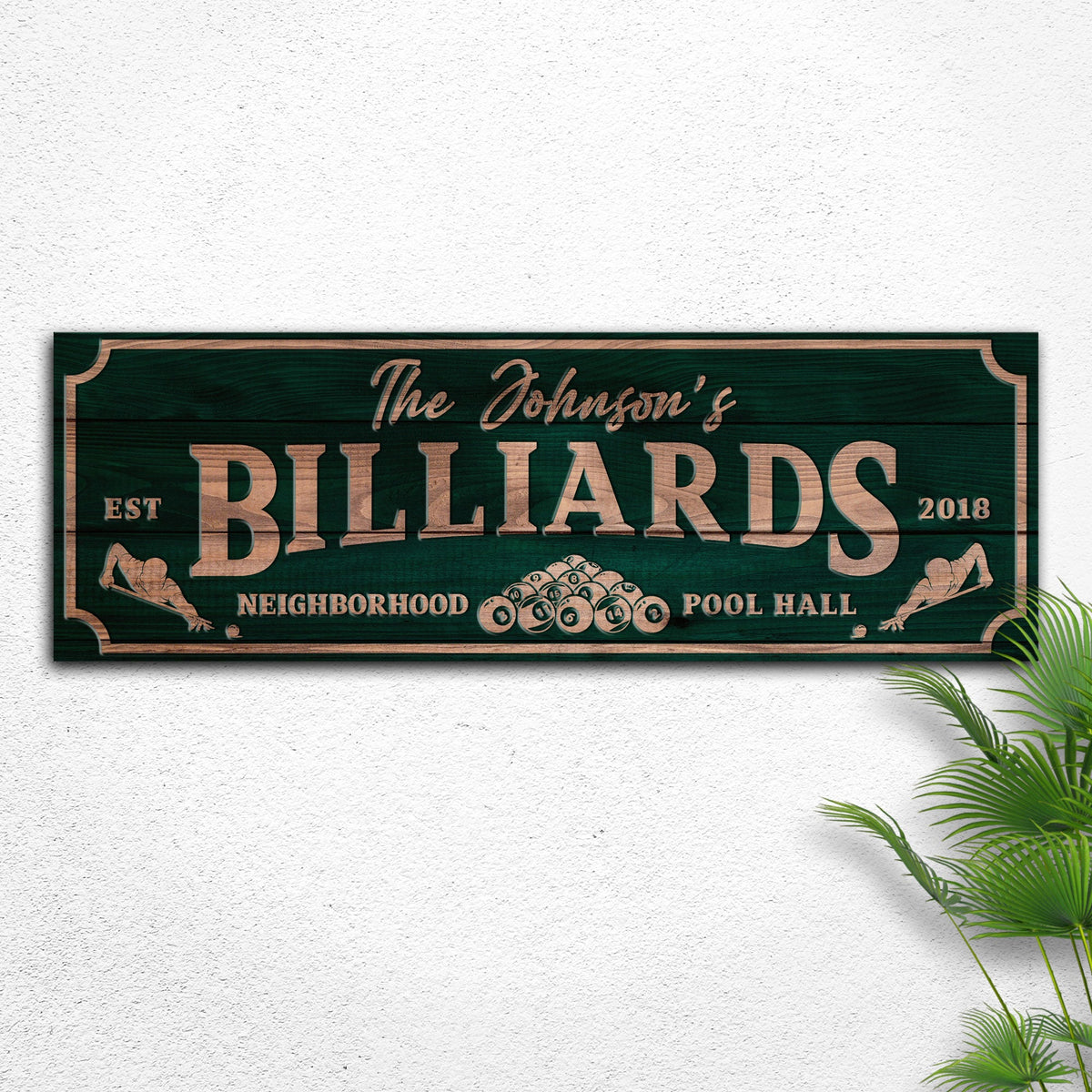Neighborhood Pool Hall Billiards sign canvas by Tailored Canvases with green wood panel and copper lettering on Tampa Home & Garden Store
