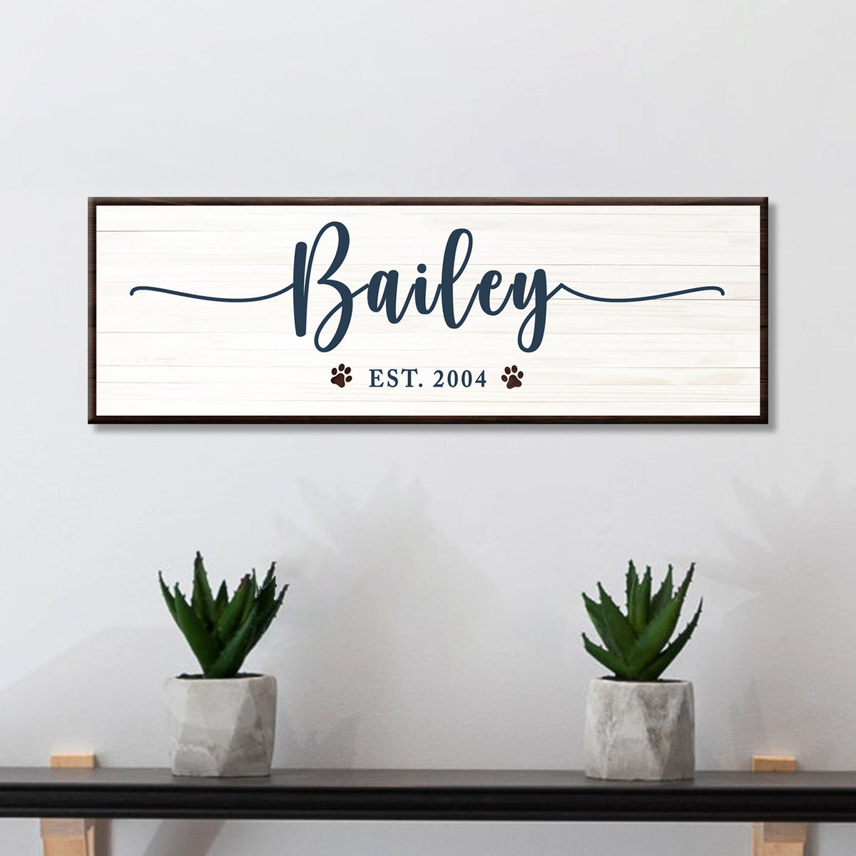 Pet Name Sign II canvas by Tailored Canvases with navy Bailey script on whitewashed wood on Tampa Home & Garden Store