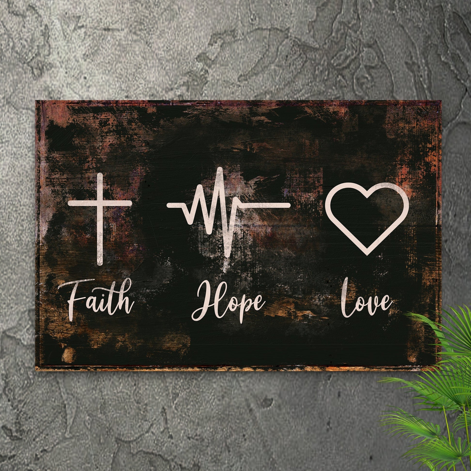Rustic Faith Hope Love canvas sign by Tailored Canvases with distressed black-brown frame on Tampa Home & Garden Store