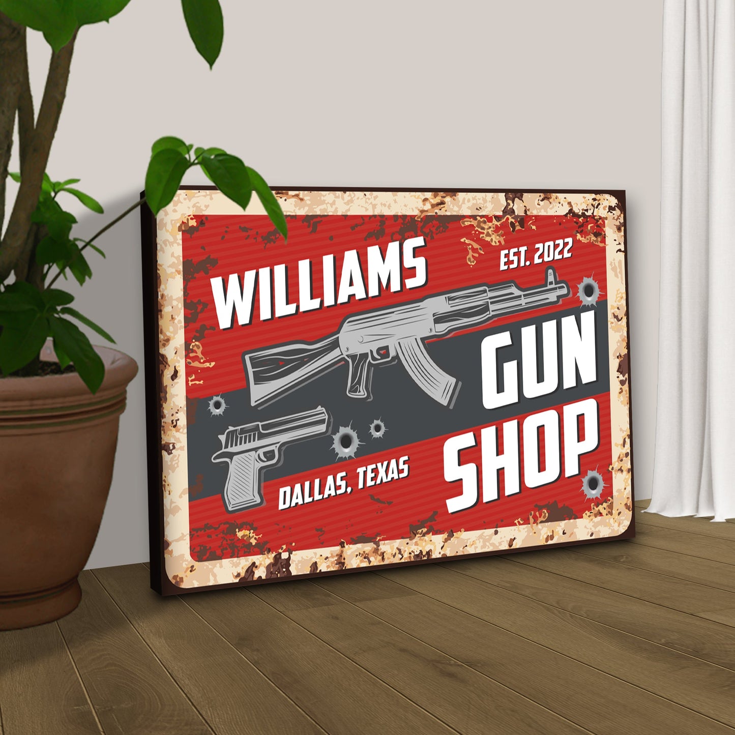 Gun Shop Sign II canvas print with red panel, distressed beige border and gun illustrations on Tampa Home & Garden Store