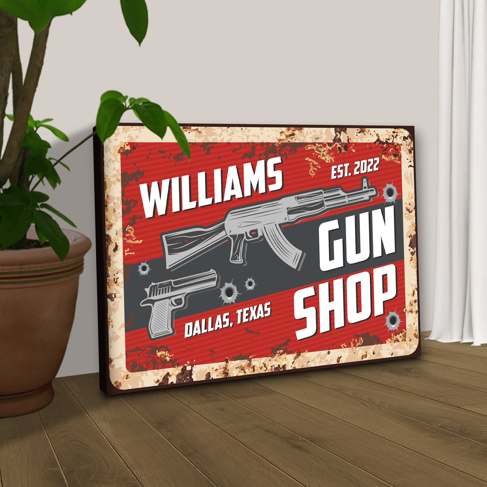 Gun Shop Sign II canvas print with red panel, distressed beige border and gun illustrations on Tampa Home & Garden Store