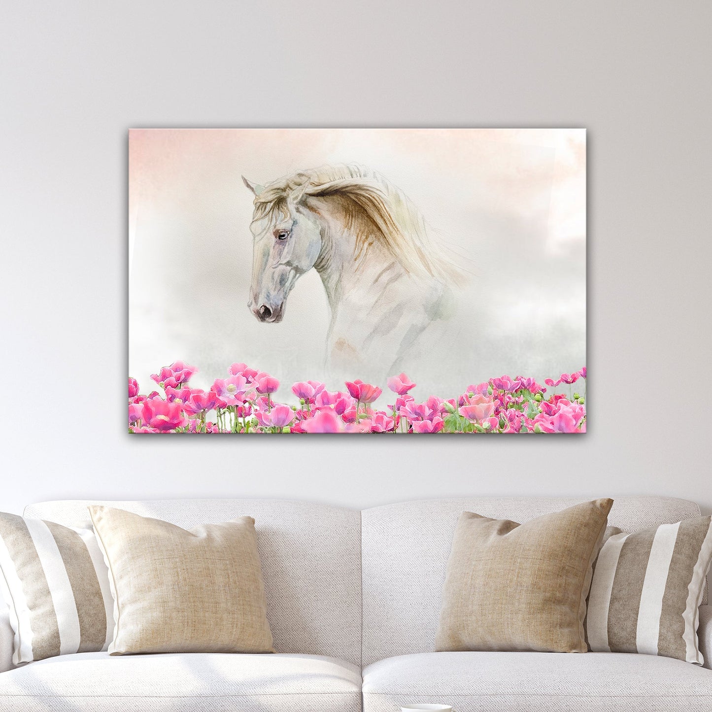 Floral White Horse Canvas Wall Art watercolor horse with pink flowers along the bottom on Tampa Home & Garden Store