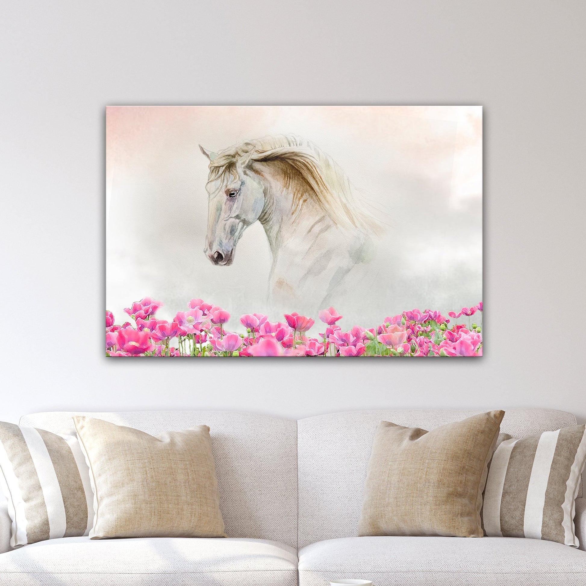 Floral White Horse Canvas Wall Art watercolor horse with pink flowers along the bottom on Tampa Home & Garden Store