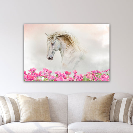 Floral White Horse Canvas Wall Art watercolor horse with pink flowers along the bottom on Tampa Home & Garden Store