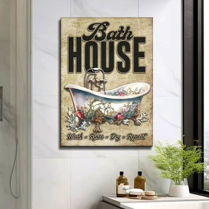 Wash Rinse Dry Repeat Bath House canvas sign with vintage tub illustration by Tailored Canvases on Tampa Home & Garden Store