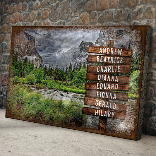 Lake Family Name Sign canvas by Tailored Canvases with mountain landscape and wooden name board on Tampa Home & Garden Store