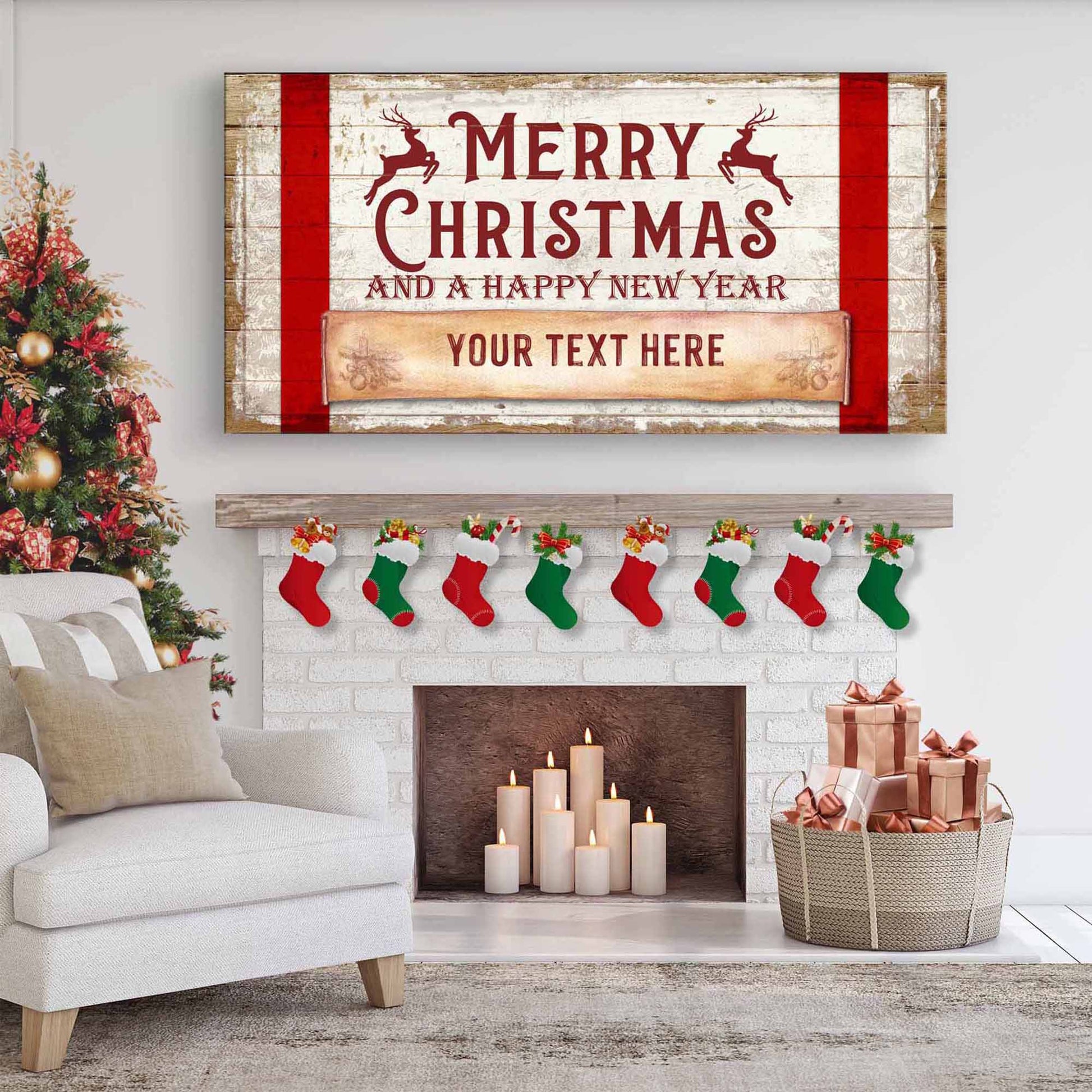 Merry Christmas And A Happy New Year Sign canvas Tailored Canvases red stripes reindeer on Tampa Home & Garden Store
