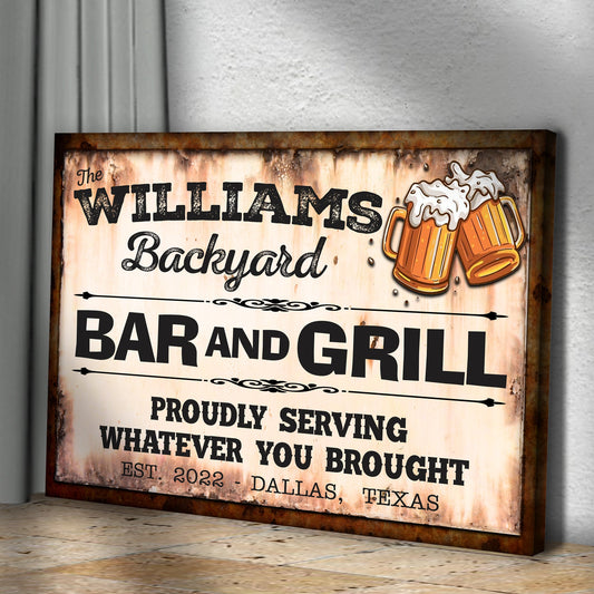 Backyard Bar & Grill Sign IX canvas by Tailored Canvases, rustic canvas with beer mugs on Tampa Home & Garden Store