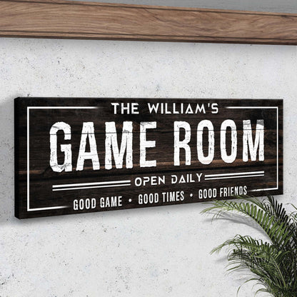 Game Room Dark Wood Sign with distressed white OPEN DAILY lettering and The Williams on Tampa Home & Garden Store