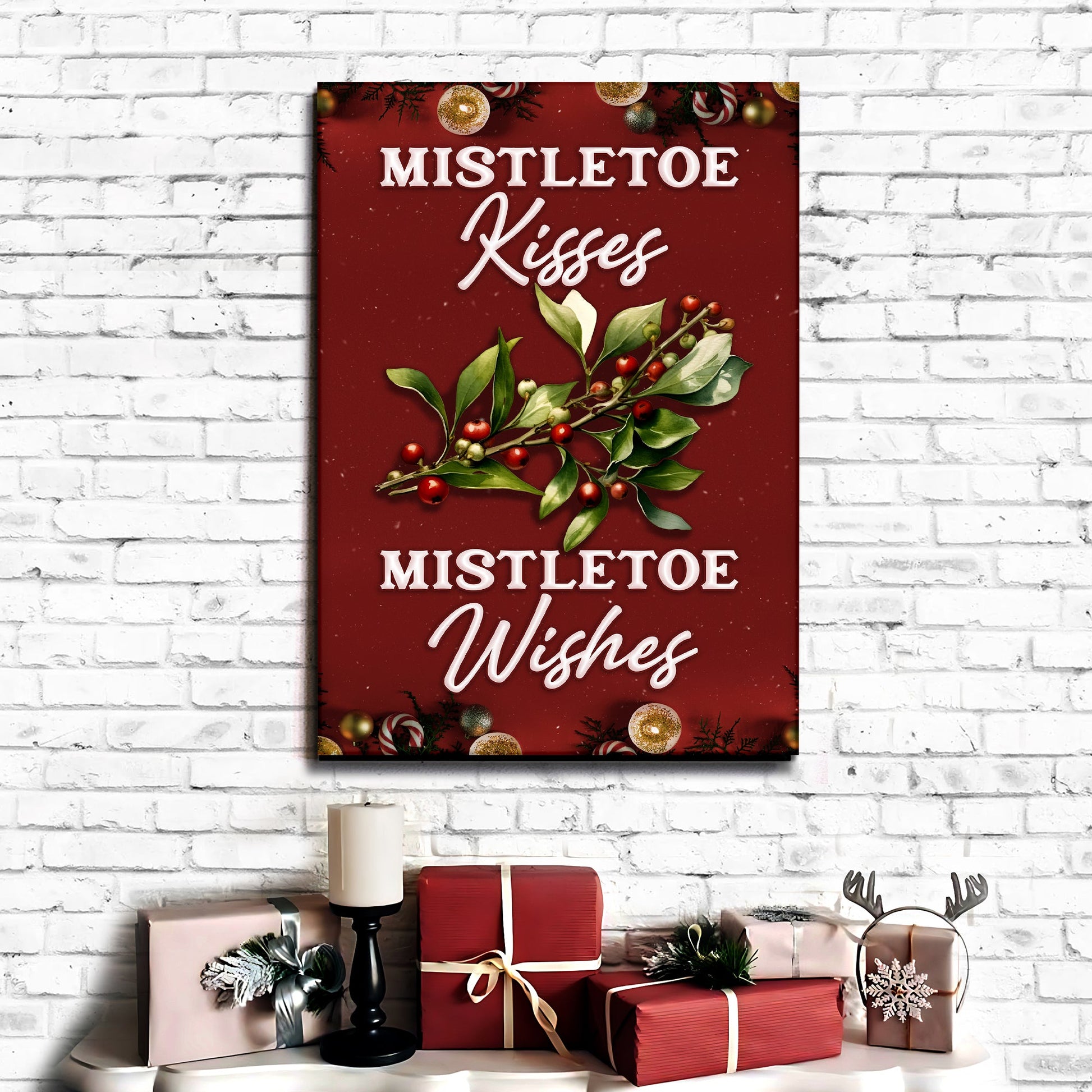 Kisses And Wishes Mistletoe Sign canvas by Tailored Canvases burgundy with white script on Tampa Home & Garden Store