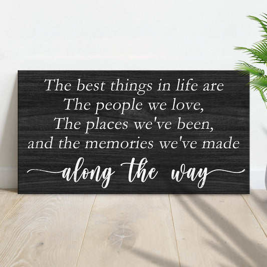 The Best Things In Life Sign III with black woodgrain and white script by Tailored Canvases on Tampa Home & Garden Store