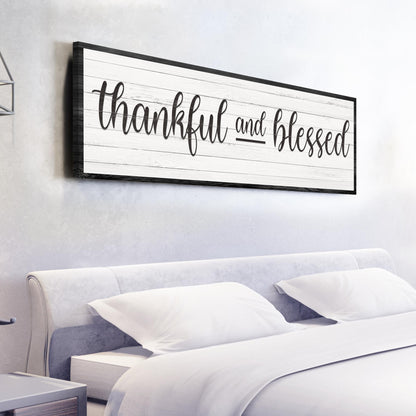 Thankful and Blessed Sign III canvas by Tailored Canvases with white wood planks and black frame on Tampa Home & Garden Store