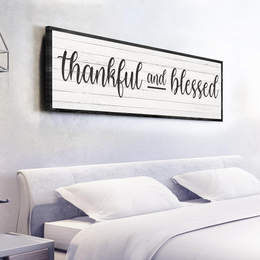 Thankful and Blessed Sign III canvas by Tailored Canvases with white wood planks and black frame on Tampa Home & Garden Store