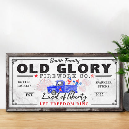 Old Glory Firework Co Let Freedom Ring sign canvas framed in rustic wood with vintage truck on Tampa Home & Garden Store