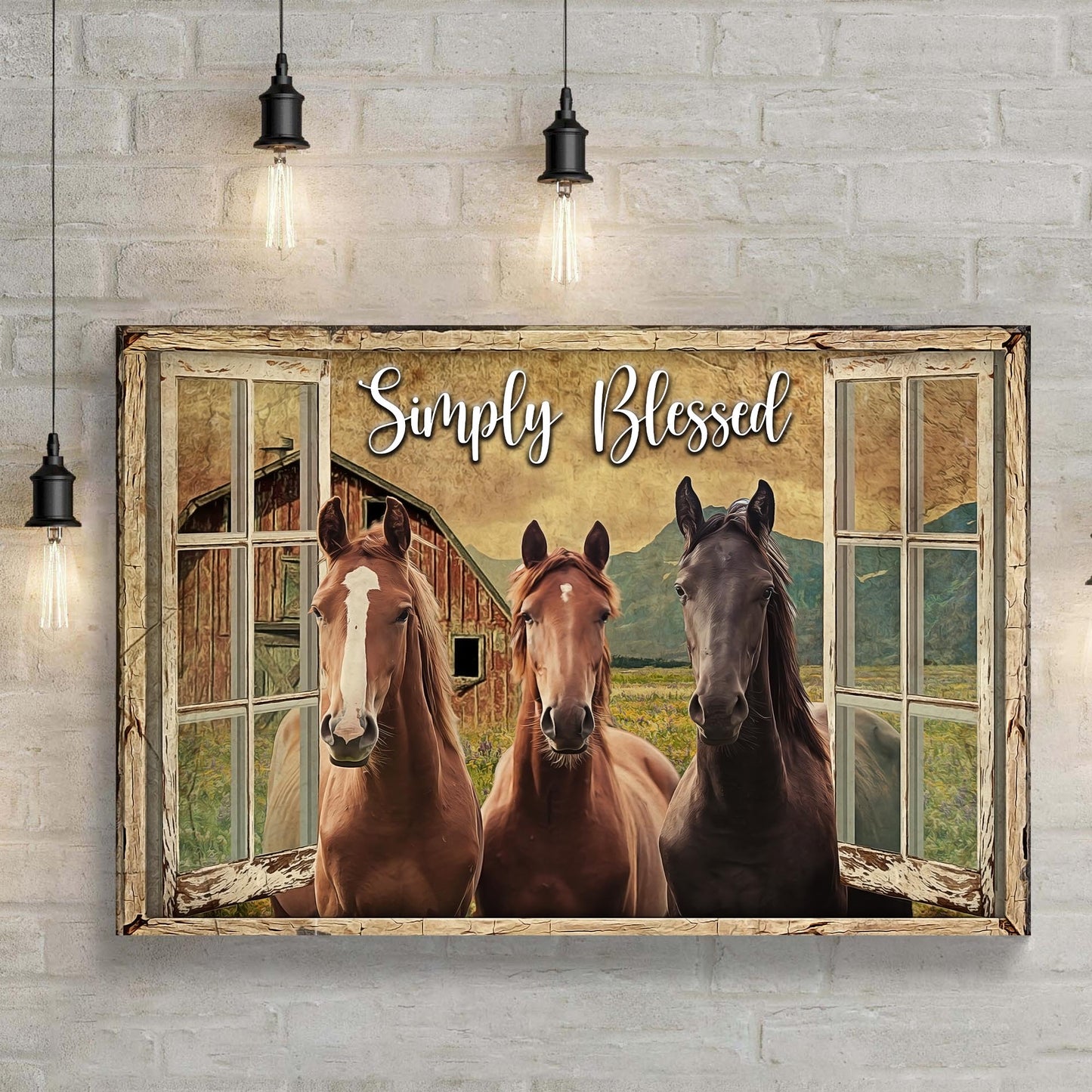 Canvas sign Simply Blessed Amazing Horse Farm featuring three horses in a rustic barn frame on Tampa Home & Garden Store