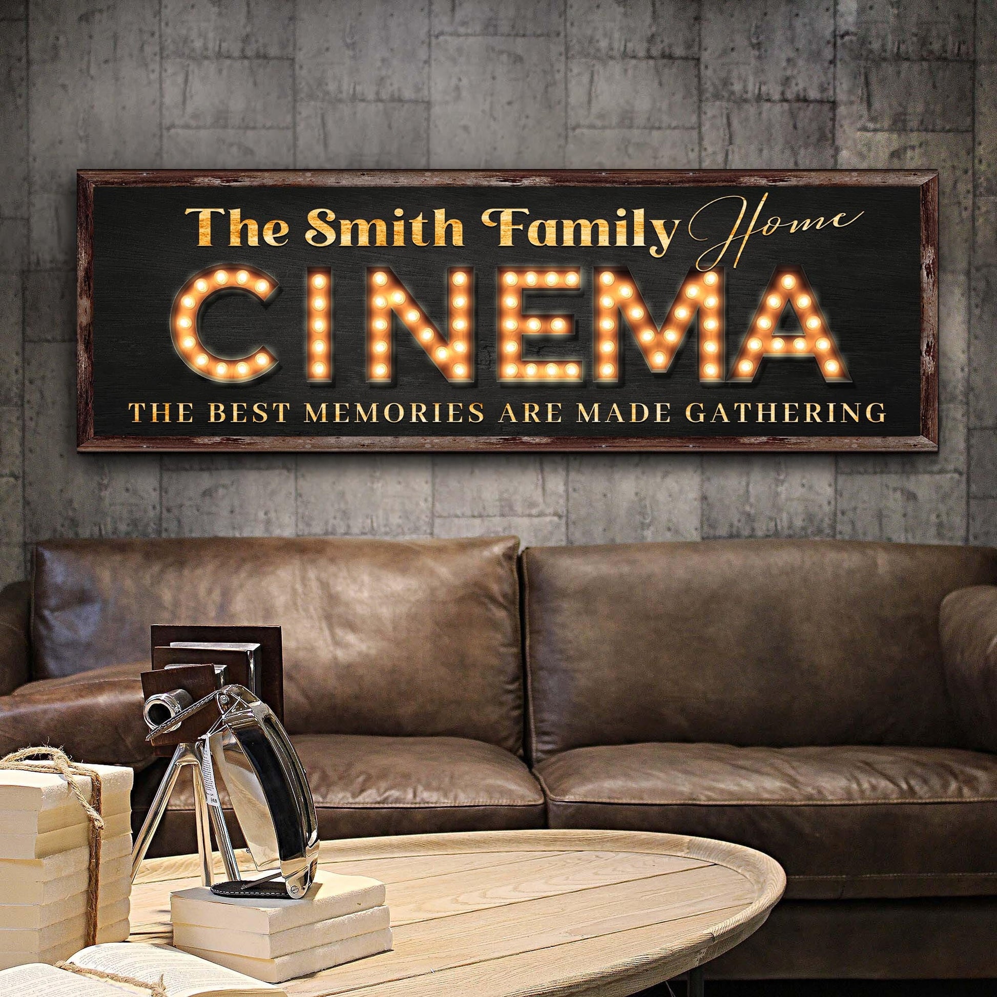 Family Home Cinema sign canvas with gold script text and glowing CINEMA marquee on a wood frame on Tampa Home & Garden Store