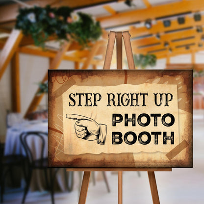 Step Right Up Photo Booth Sign canvas on an easel with vintage poster Tailored Canvases on Tampa Home & Garden Store