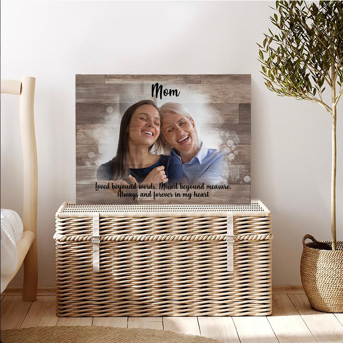 Mother's Memory Sign canvas with rustic wood backdrop and mom-daughter photo Tailored Canvases on Tampa Home & Garden Store