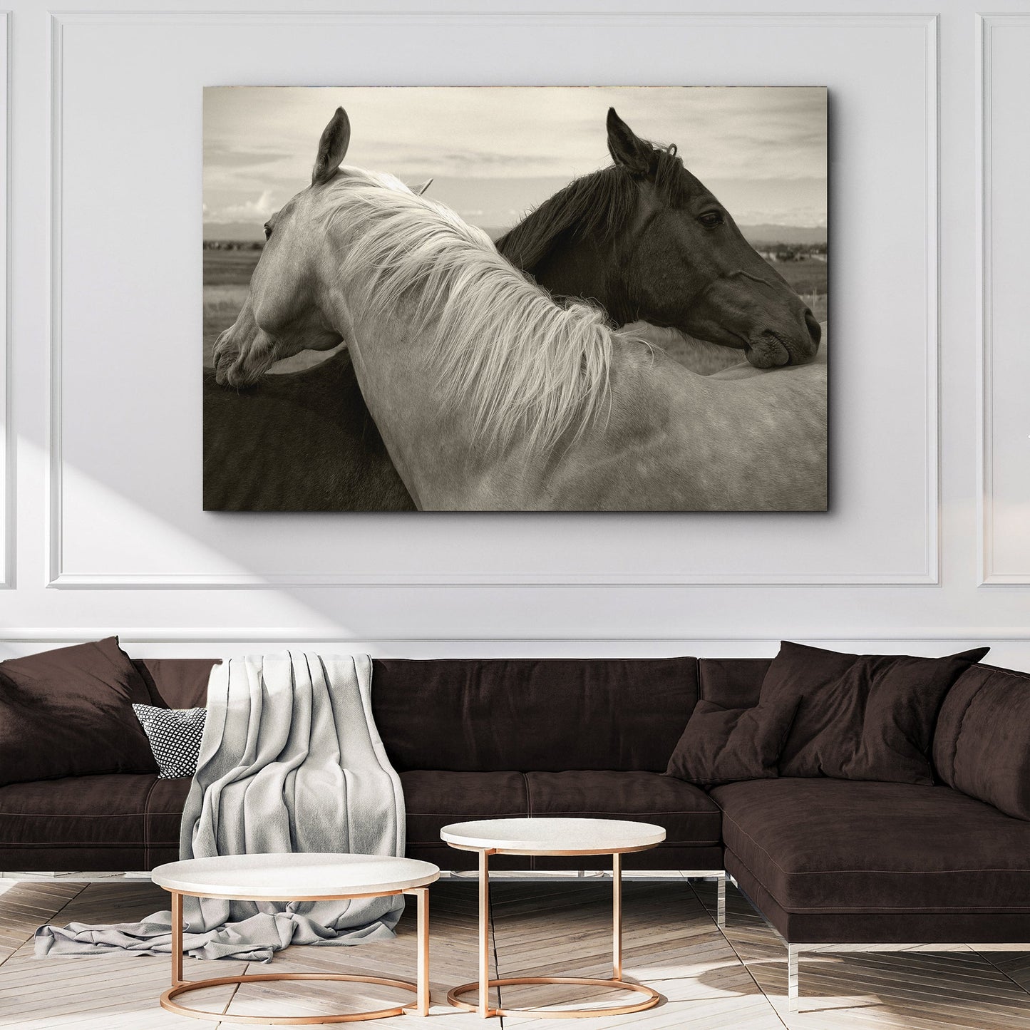 Monochrome Couple Horse Canvas Wall Art featuring two horses nuzzling by Tailored Canvases on Tampa Home & Garden Store
