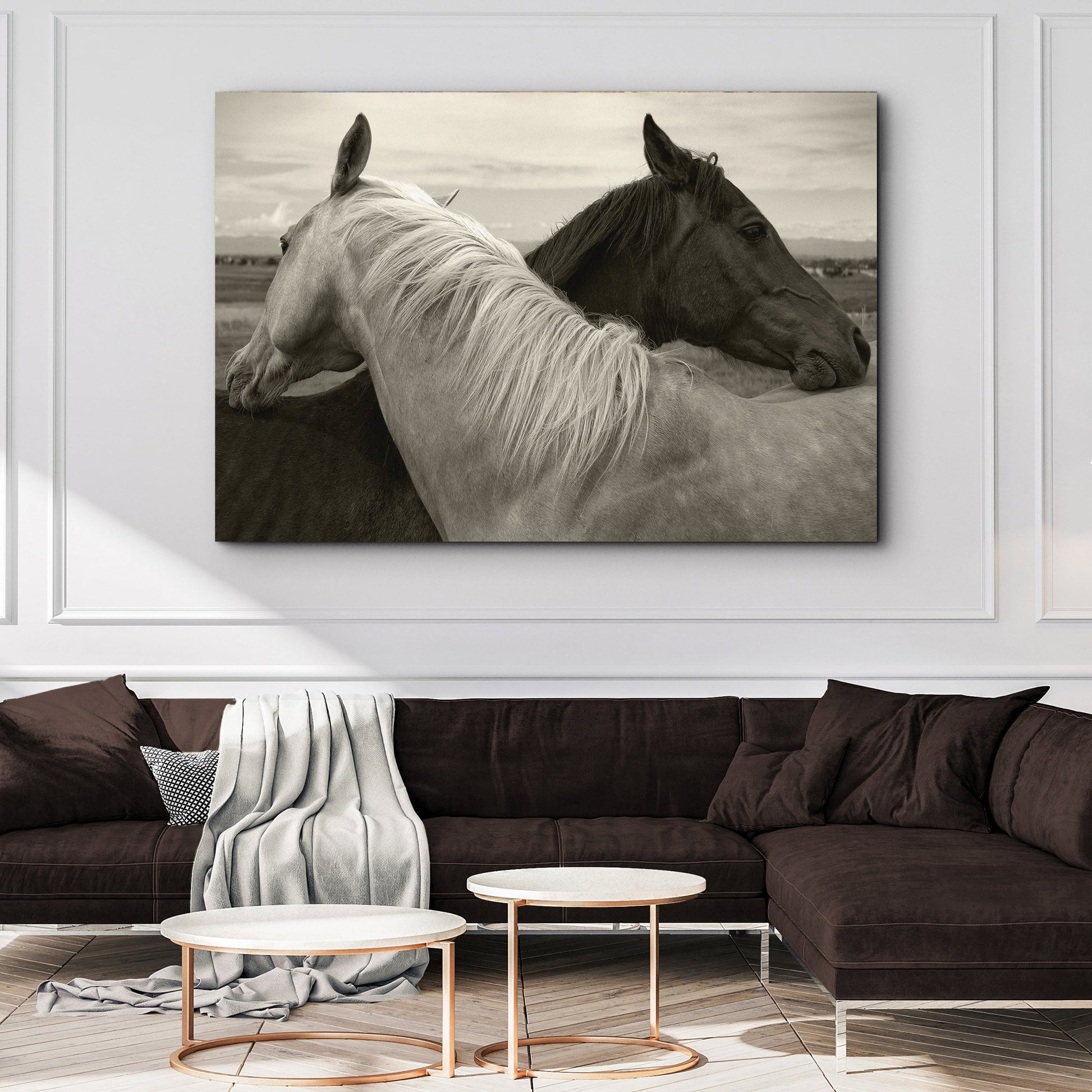 Monochrome Couple Horse Canvas Wall Art featuring two horses nuzzling by Tailored Canvases on Tampa Home & Garden Store