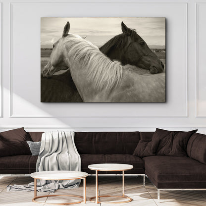 Monochrome Couple Horse Canvas Wall Art featuring two horses nuzzling by Tailored Canvases on Tampa Home & Garden Store