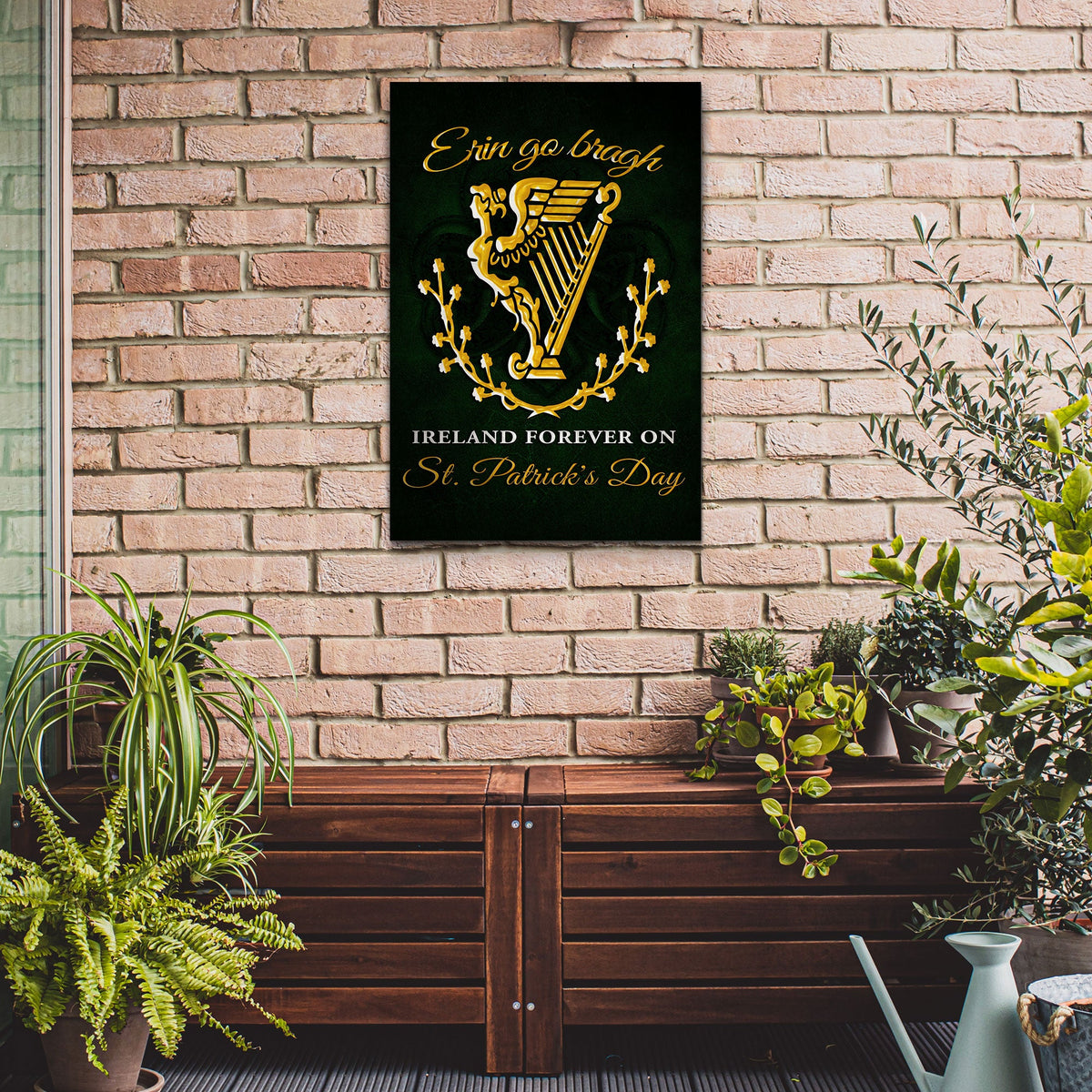 Canvas sign Tailored Canvases Ireland Forever on St Patrick's Day with gold harp on black on Tampa Home & Garden Store