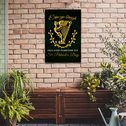 Canvas sign Tailored Canvases Ireland Forever on St Patrick's Day with gold harp on black on Tampa Home & Garden Store